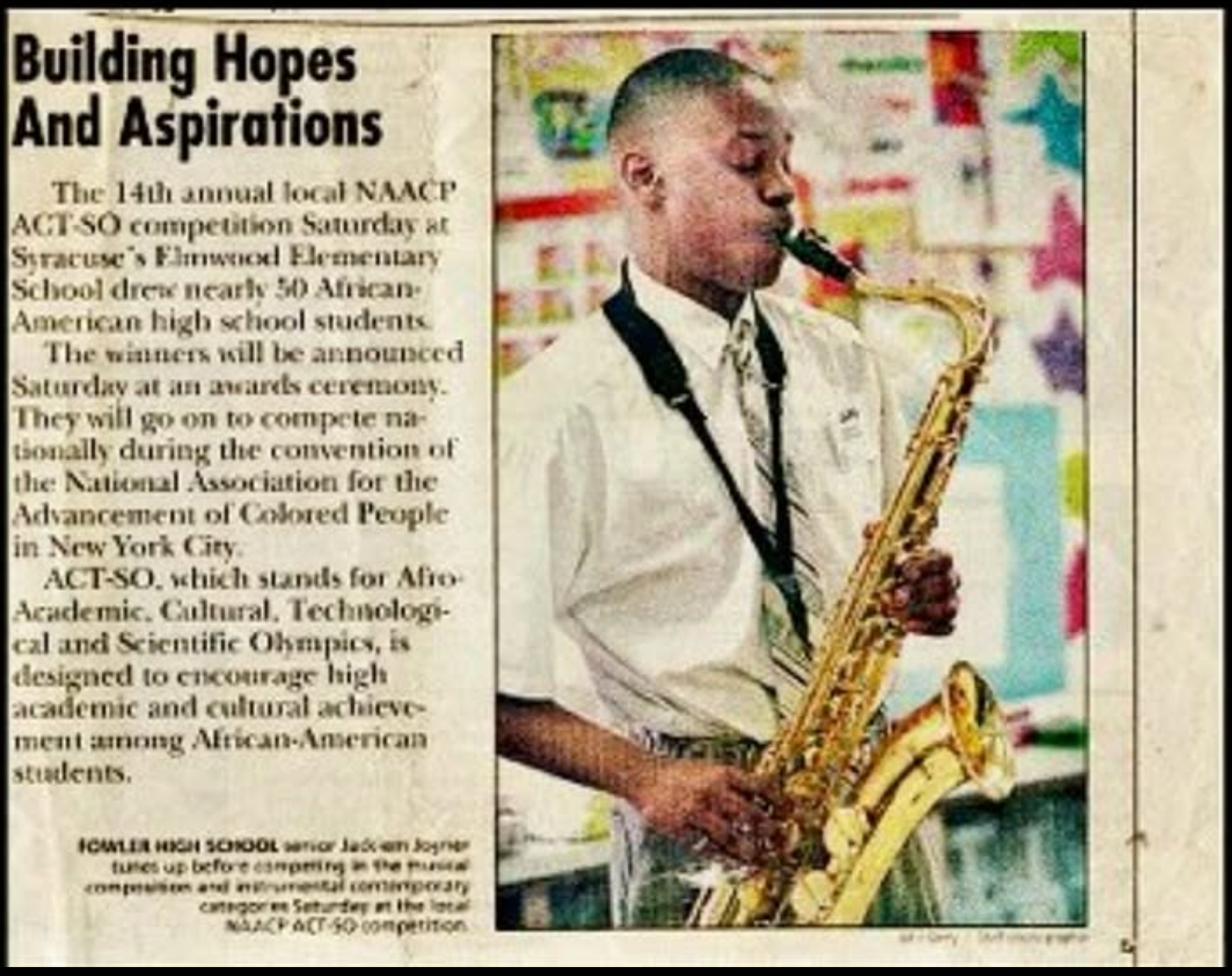 Archival newspaper feature documenting Jackiem Joyner as a young saxophonist in Syracuse