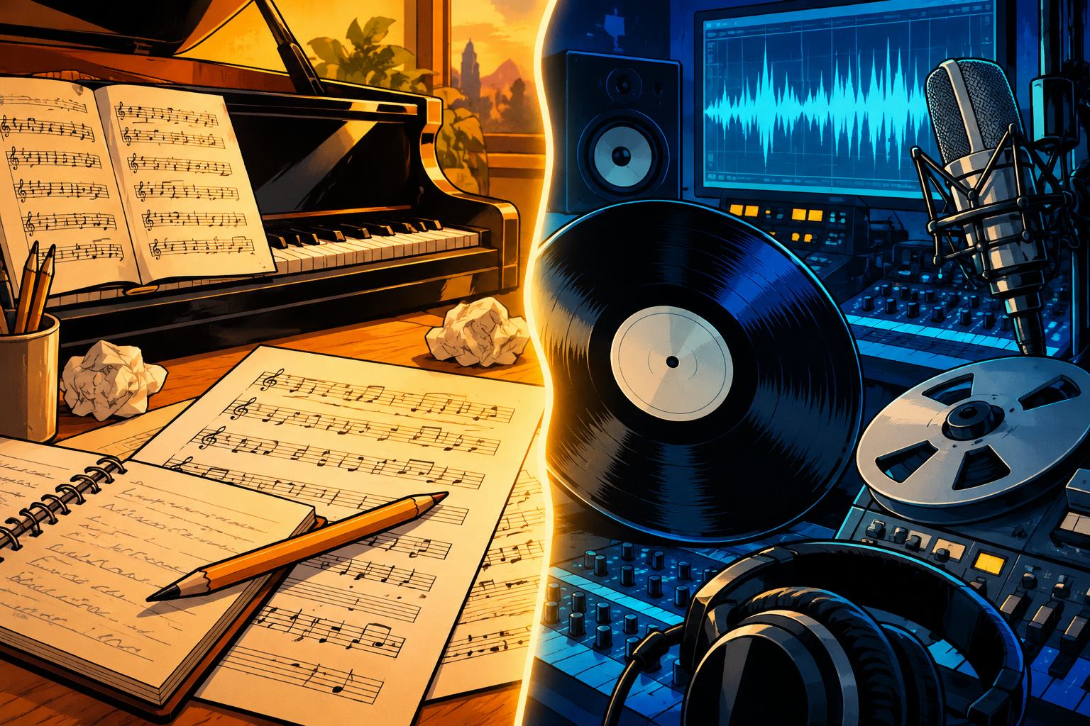 Anime illustration contrasting a written musical composition with the finished sound recording in a studio.