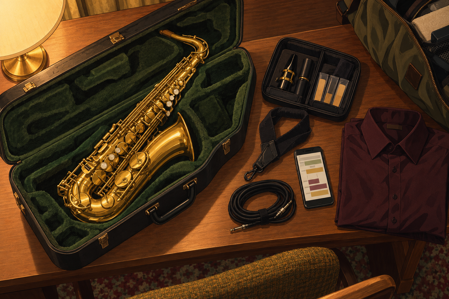 Retro anime illustration of a packed saxophone case and essential playing accessories beside a travel bag.