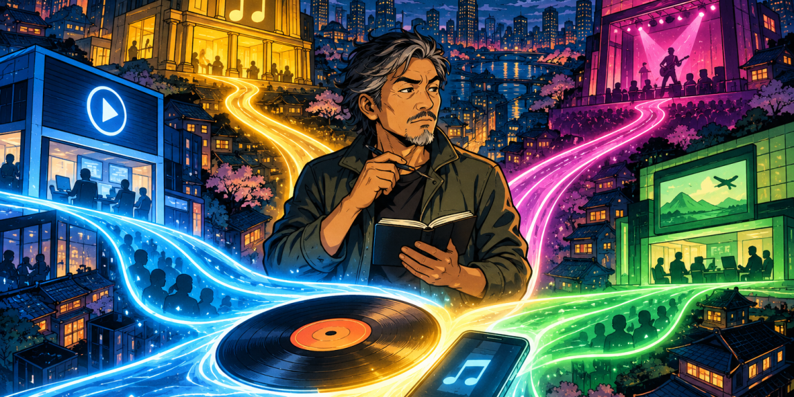 Retro anime illustration of a musician tracing several glowing royalty paths through a music-industry city.