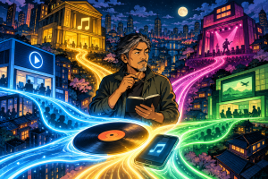 Retro anime illustration of a musician tracing several glowing royalty paths through a music-industry city.