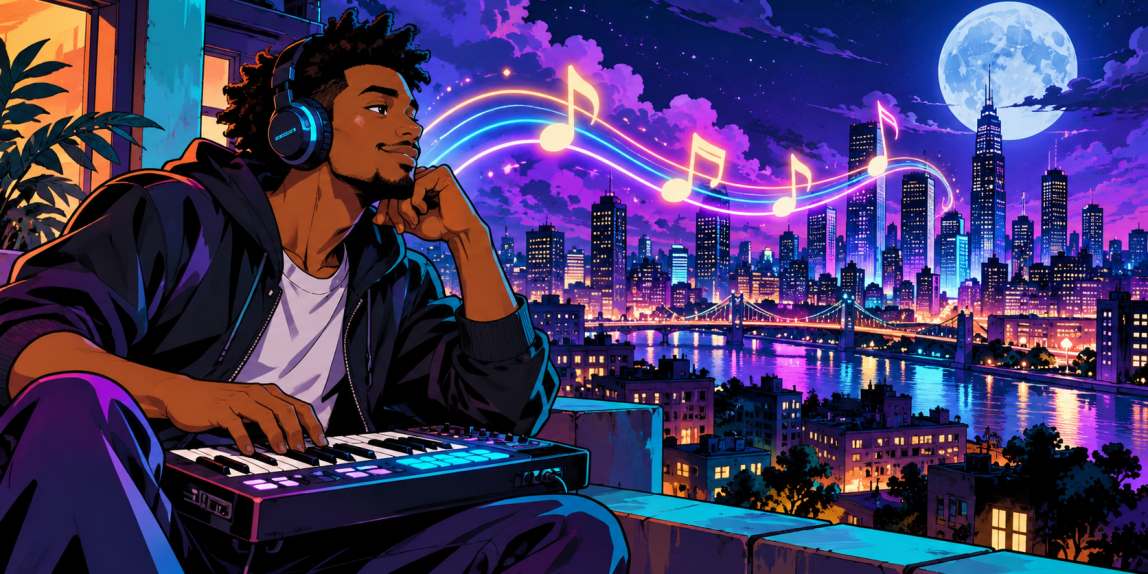 Retro anime illustration of a music creator shaping a glowing melodic idea above a neon city.