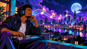 Retro anime illustration of a music creator shaping a glowing melodic idea above a neon city.