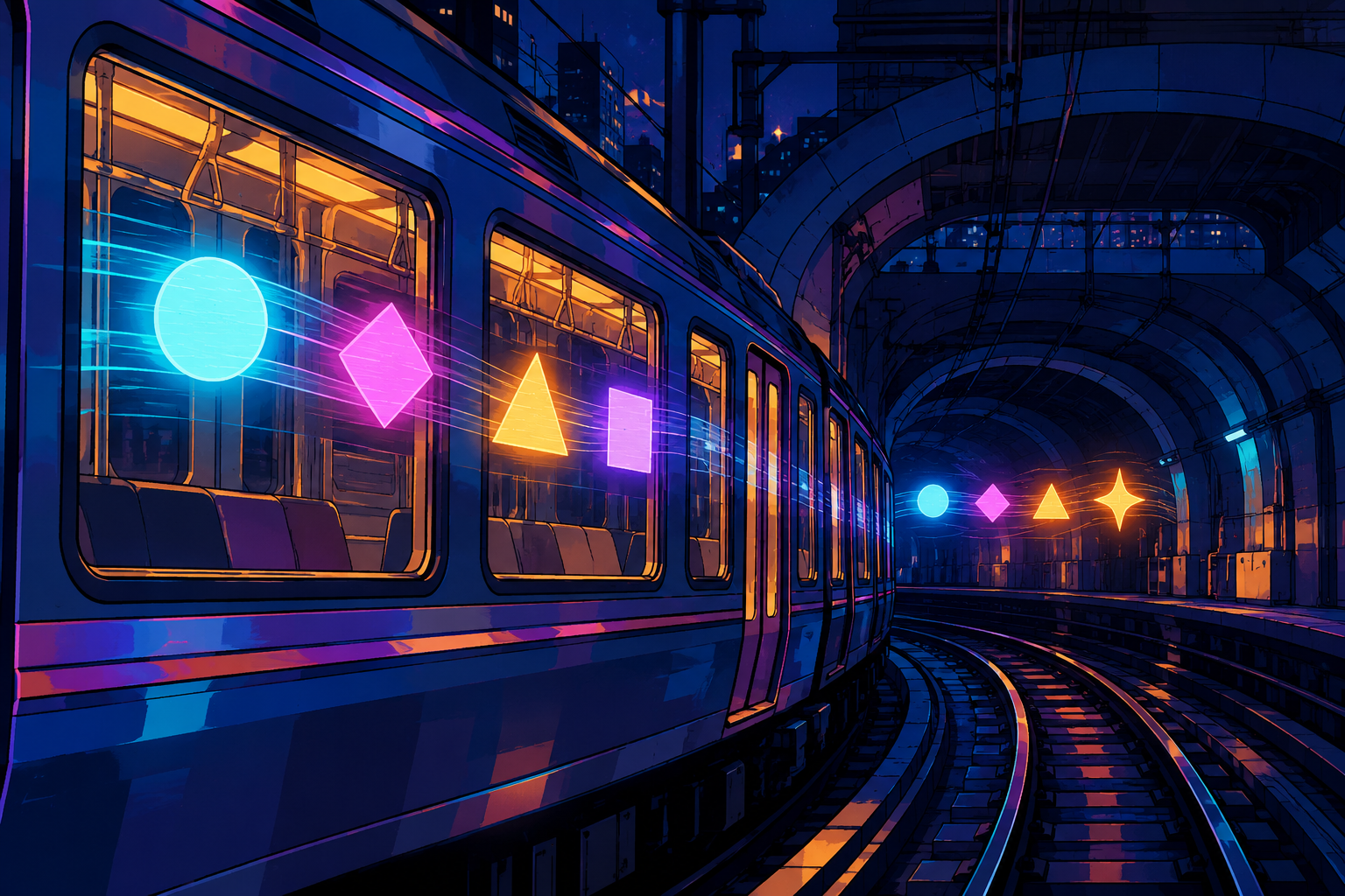 Anime illustration of repeating glowing shapes along a moving train, symbolizing repetition and variation in a musical hook.