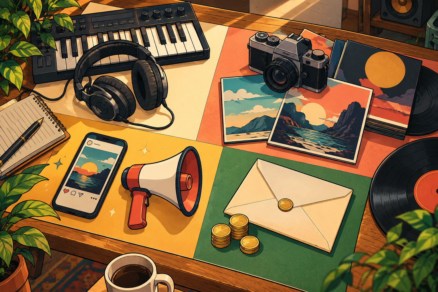 Anime-style overhead illustration of a release-planning desk divided among music, visuals, promotion and money.