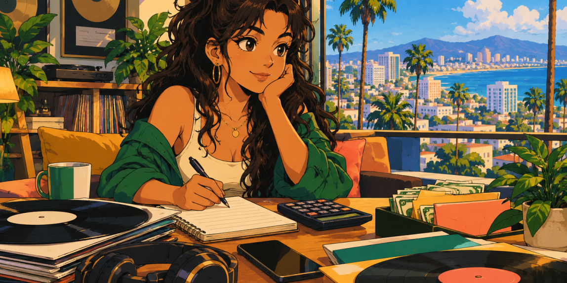Retro anime illustration of an independent artist planning a music release budget at a bright coastal workspace.