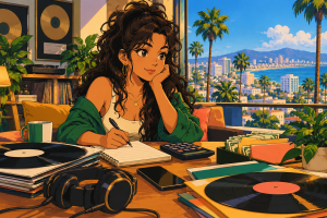 Retro anime illustration of an independent artist planning a music release budget at a bright coastal workspace.