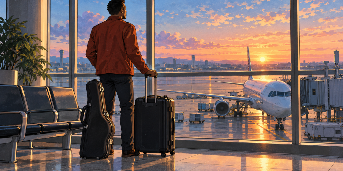 Retro anime illustration of a touring musician with an instrument case and suitcase in an airport departure lounge at dawn.