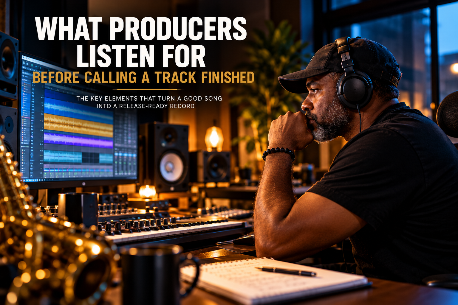 Producer reviewing arrangement and mix decisions in a recording studio