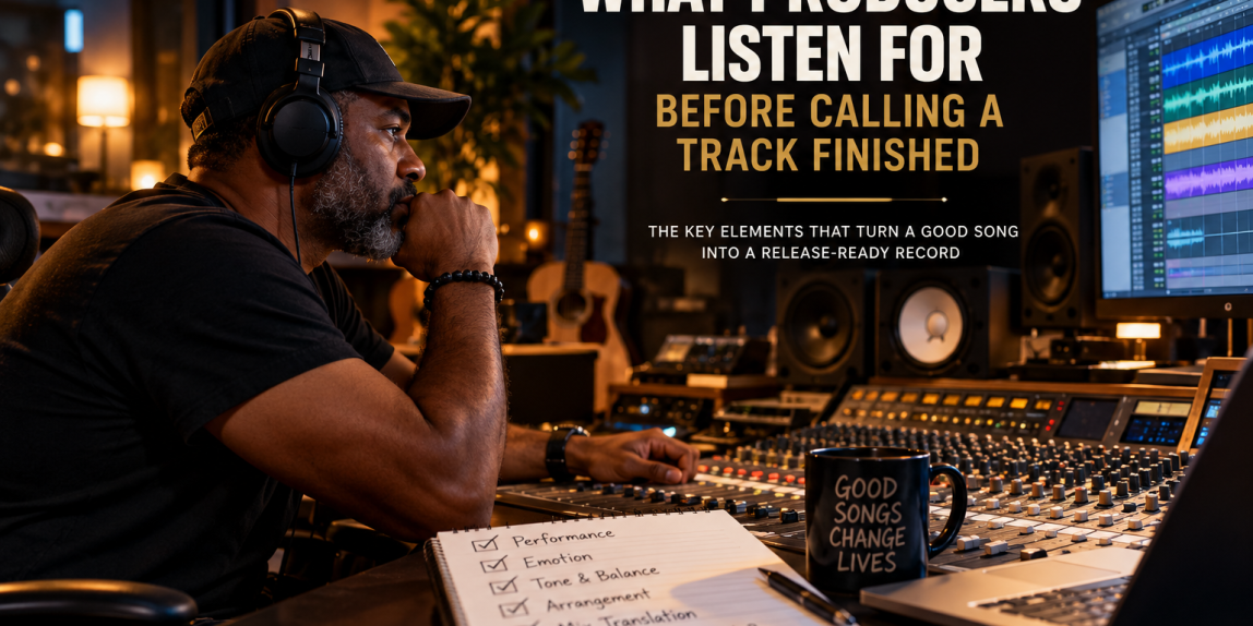 Music producer in a recording studio evaluating a finished track
